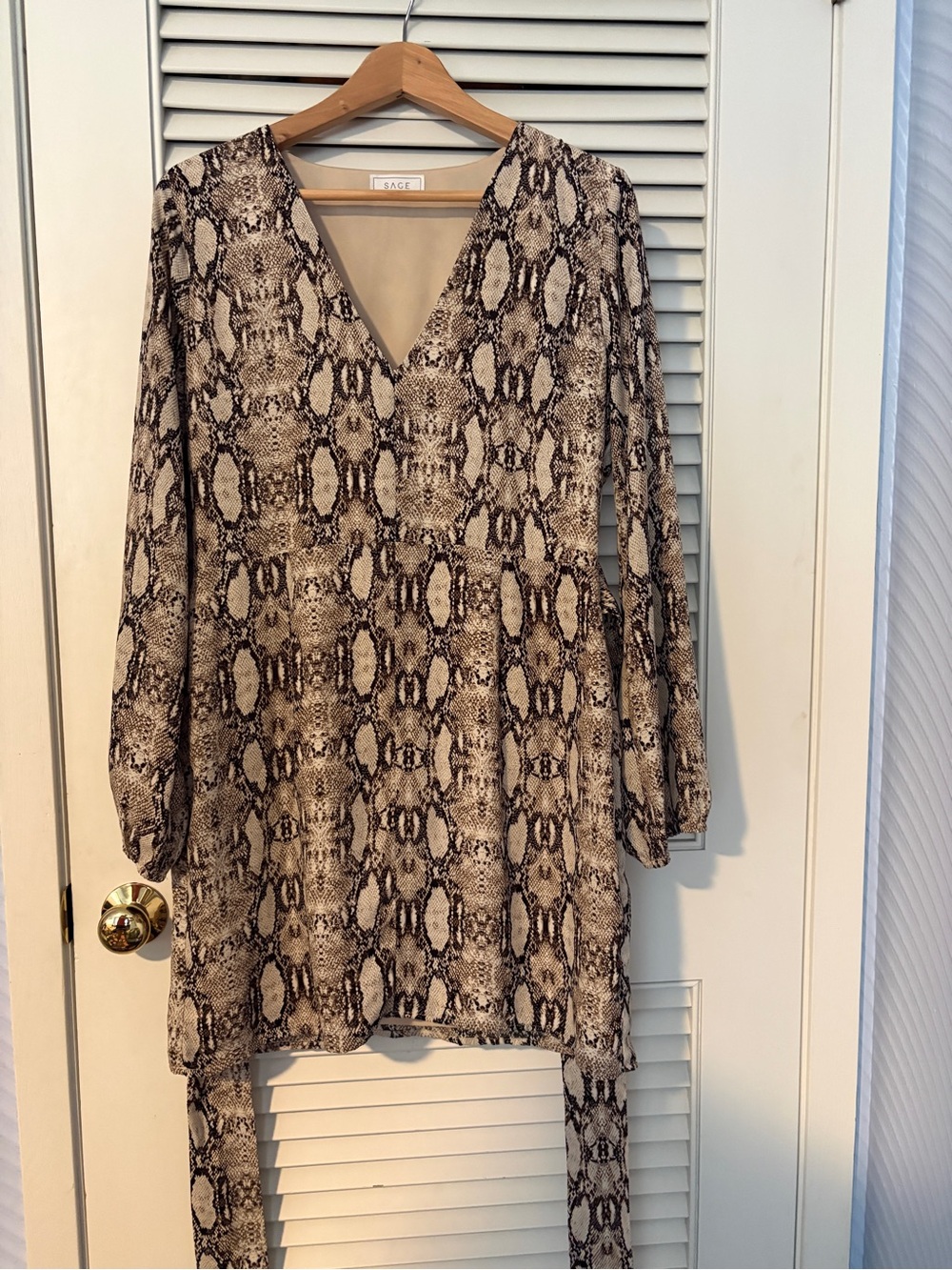 Sage Brown and Beige Snake-Print V-Neck Dress